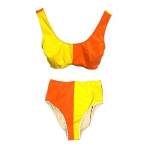 Hammies Bikini Set Womens S/M Yellow Orange Colorblock High Waist Ric Rac Trim